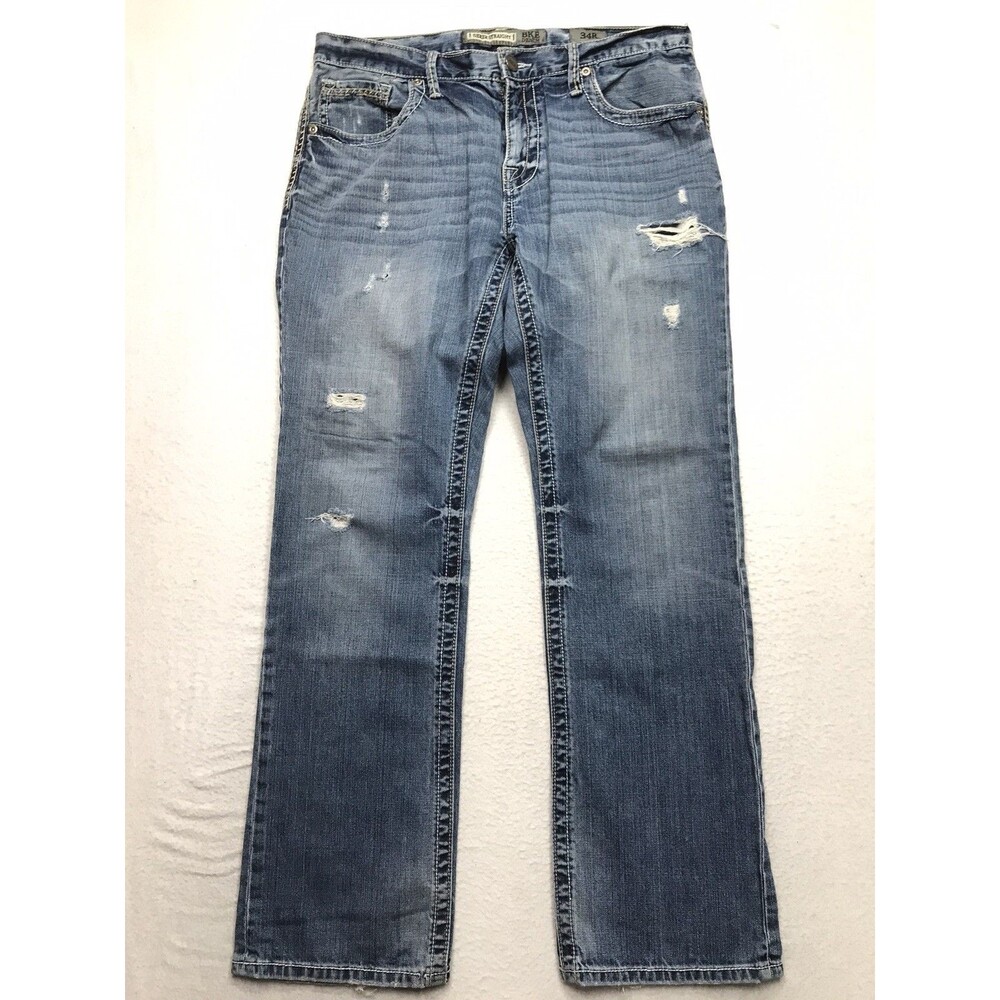 BKE Derek Straight Jeans Men 34R (34x32) Light Whisker Wash Stretch Distressed